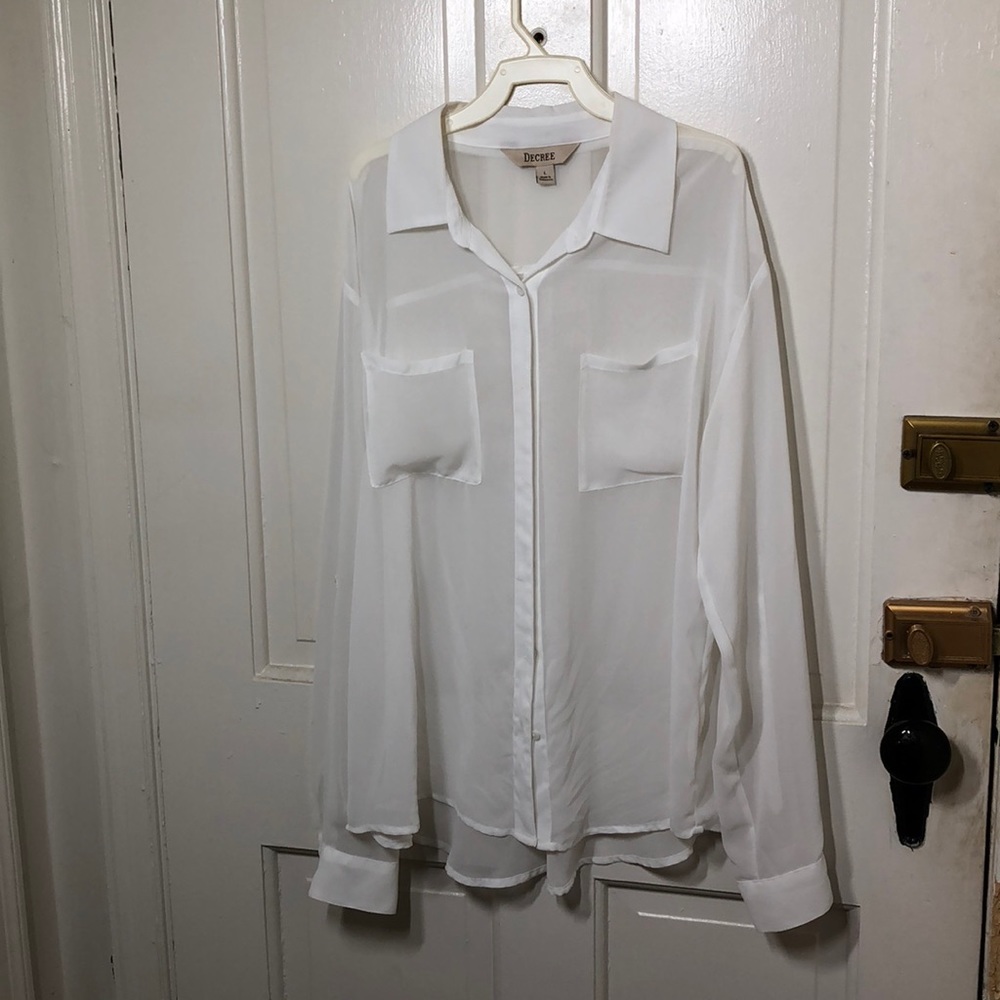 Pristine White Collared Button Down Blouse, Size L